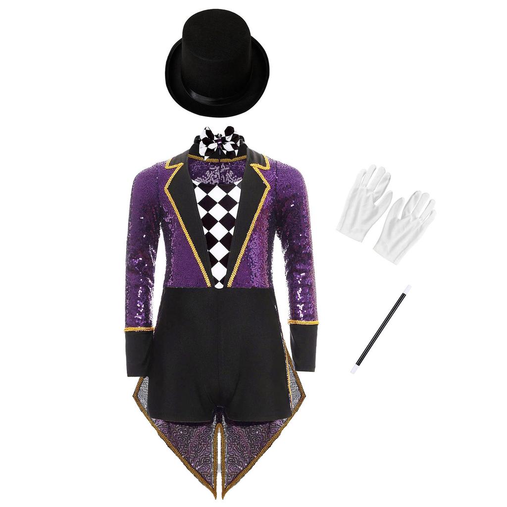 Complete Kids Magician Halloween Costume Set: Sequin Checkerboard Tailcoat Bodysuit with Hat, Bow Tie, Gloves & Magic Wand