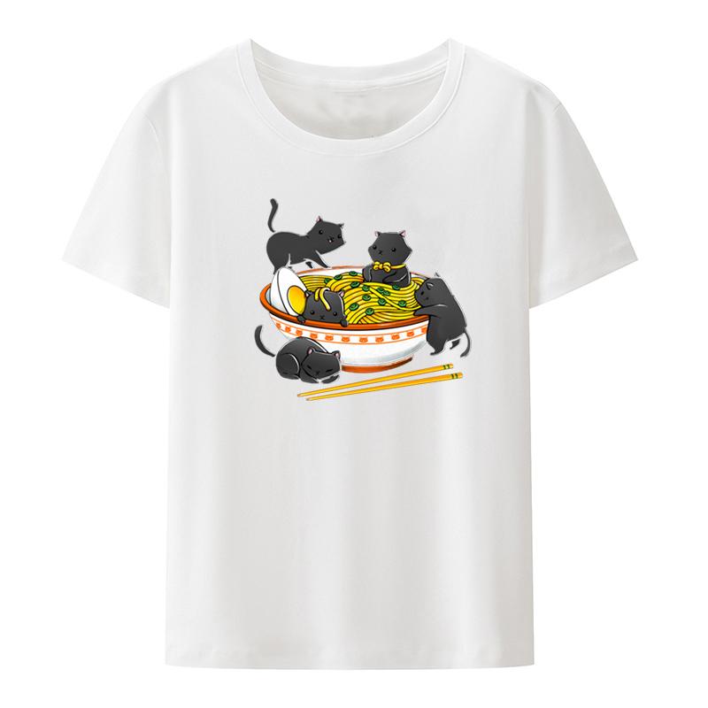 Kawaii Anime Cat Japanese Ramen Noodles Graphic Tshirt Funny Printed Tee Top Print Novelty Camiseta Hombre Camisa Camisetas Tops S