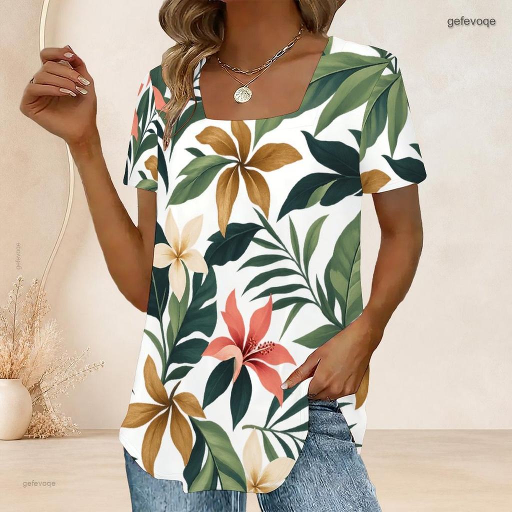 Women Plus Size U Neck Short Sleeve T Shirt White Tropical Floral Leaf Print Casual Top