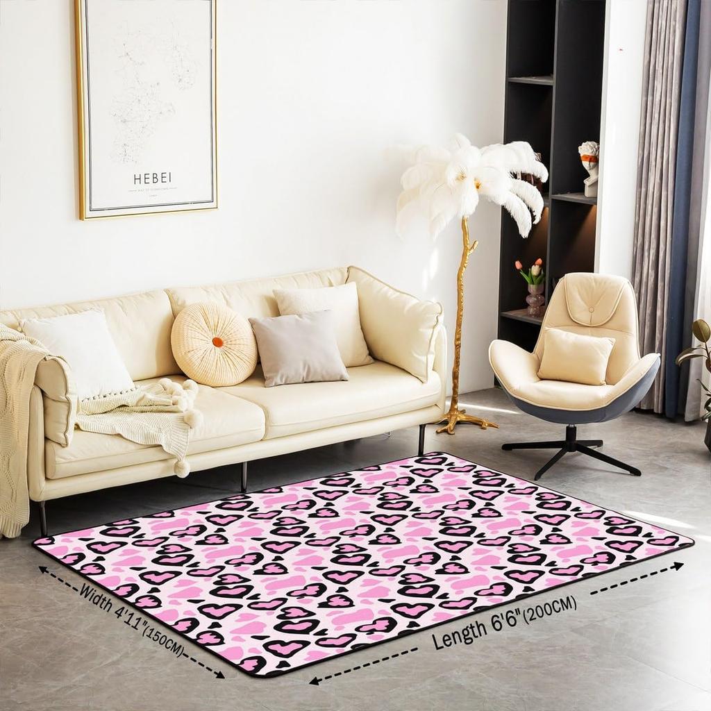 Kids Leopard Decor Carpet Area Rug Cute Pink Love Heart Living Room Rugs for Bedroom for Boys Girls Teens Modern Cheetah Indoor