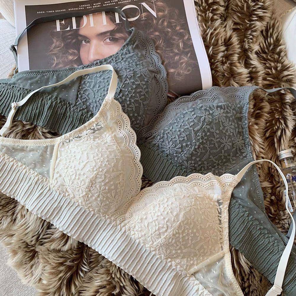 French Wire-free Women's Thin Triangle Cup Bra Large Chest Minimizing Lace Side Breast Gathering Back Beauty Underwear