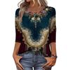 Trendy Vintage 3/4 Sleeve Top For Women,Ladies Casual Three Quarter Sleeve Round Collar Printed T-Shirt Blouse