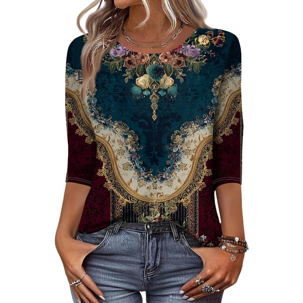 Trendy Vintage 3/4 Sleeve Top For Women,Ladies Casual Three Quarter Sleeve Round Collar Printed T-Shirt Blouse