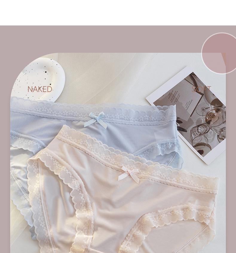 Mid Waist Ice Silk Women's Underwear, Pure Cotton Crotch Lace Seamless Breathable and Comfortable Triangular Shorts for Girls