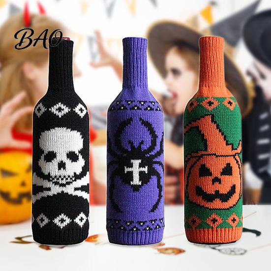 Wine Bottle Protector for Halloween Sweater, Reusable Knitted Champagne Cover, Pumpkin Skull Decorative Cover Spider Pattern Sleeve Decoration Dining