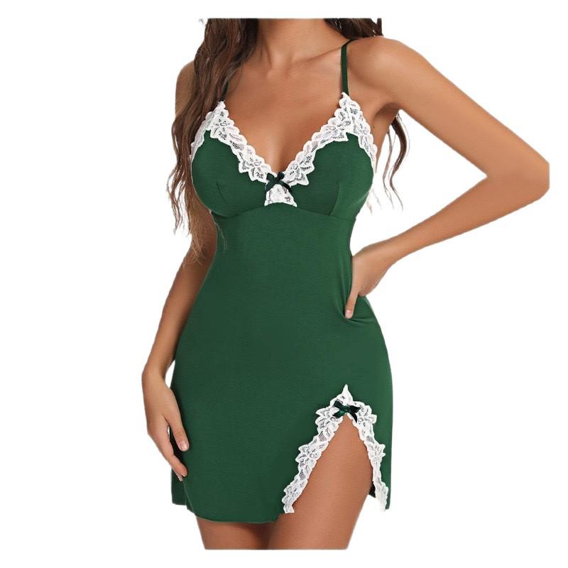 Letnia koronkowa koszula nocna z podwiązkami: Seksowna bielizna cross-border z rozcięciem w kształcie litery V, detalami kokardki, dopasowanym krojem i efektem marszczenia