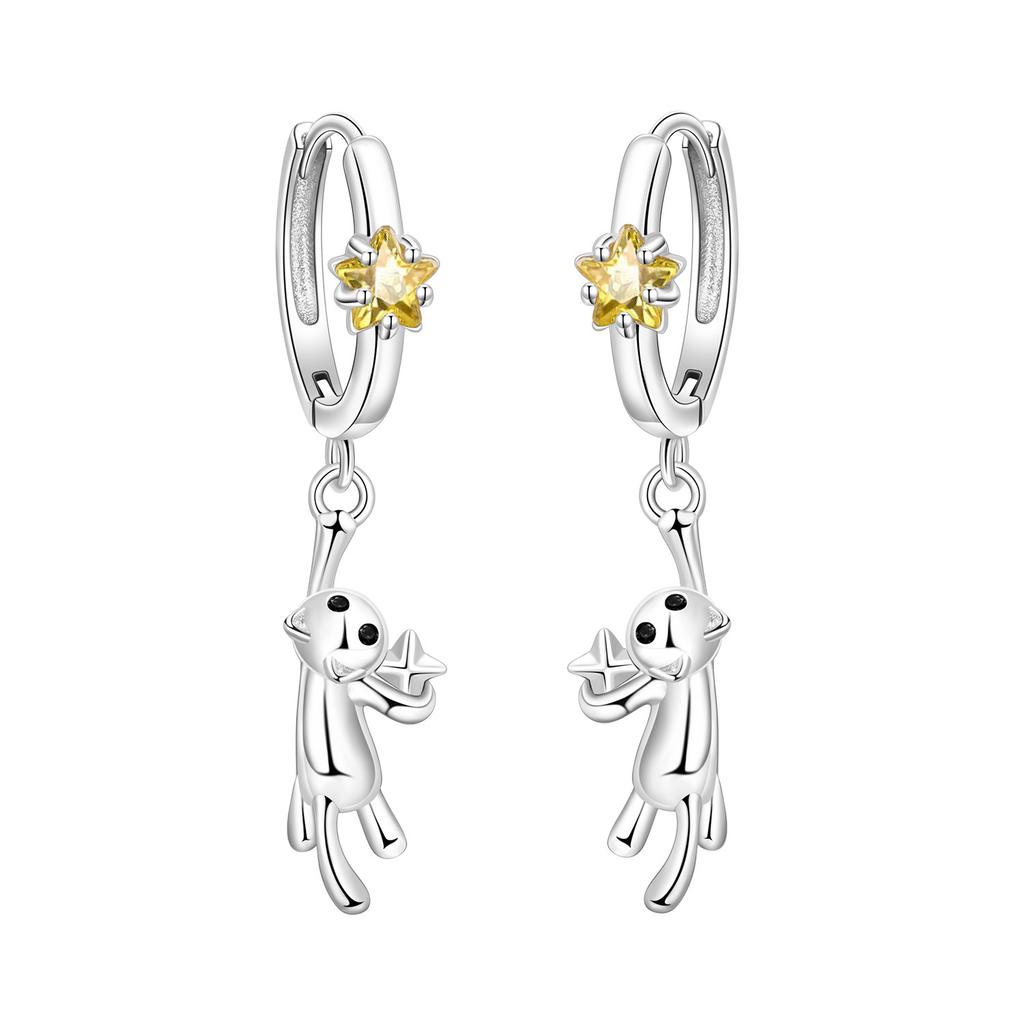 Original 925 Silver Zircon Pink Paw Print Earrings Heart Flower Leaf Design Women Party Jewelry Gift Ear Loops