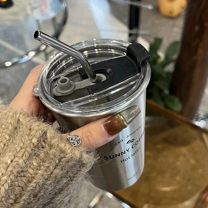 New  Stainless Steel Coffee Mug with Straw Lid Portable Coffee Cup Drinking Beer Milk Water Cup Restaurant Bar Party 500ml