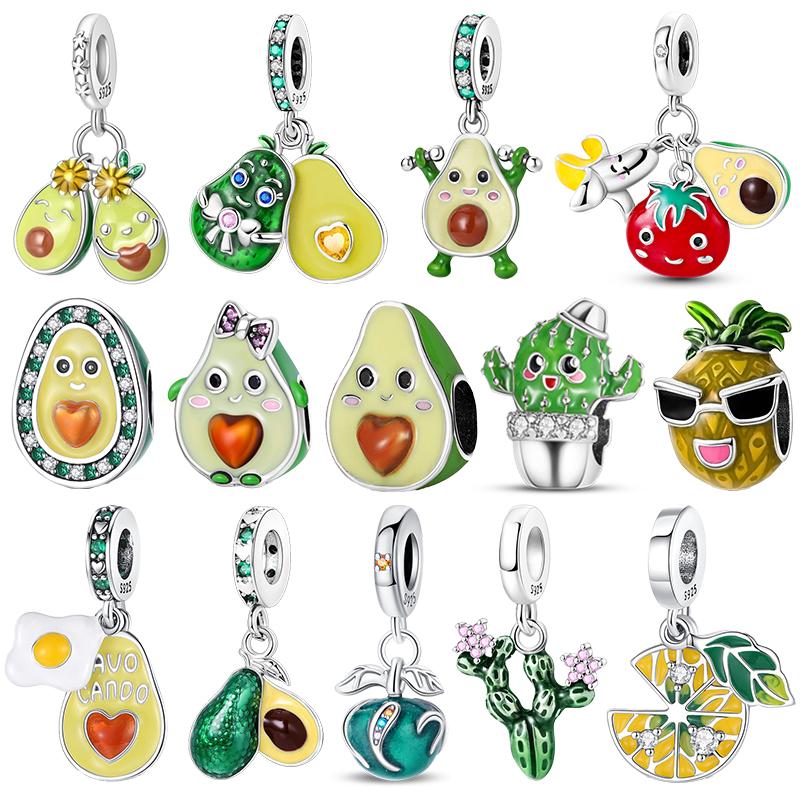 Copper Fruit Green Series Sisters Avocado Cactus Pineapple Strawberry Charms Pendant Charms Fit Bracelet Handmade Jewellery