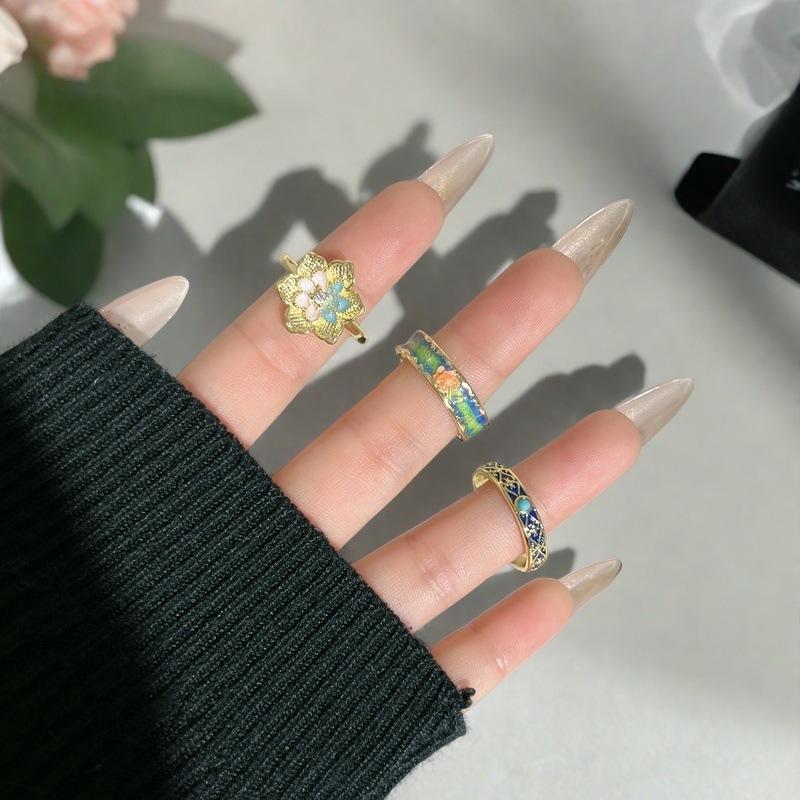New French Retro Flower Enamel Dripping Open Ring Temperament Light Luxury High Sense Niche Ring