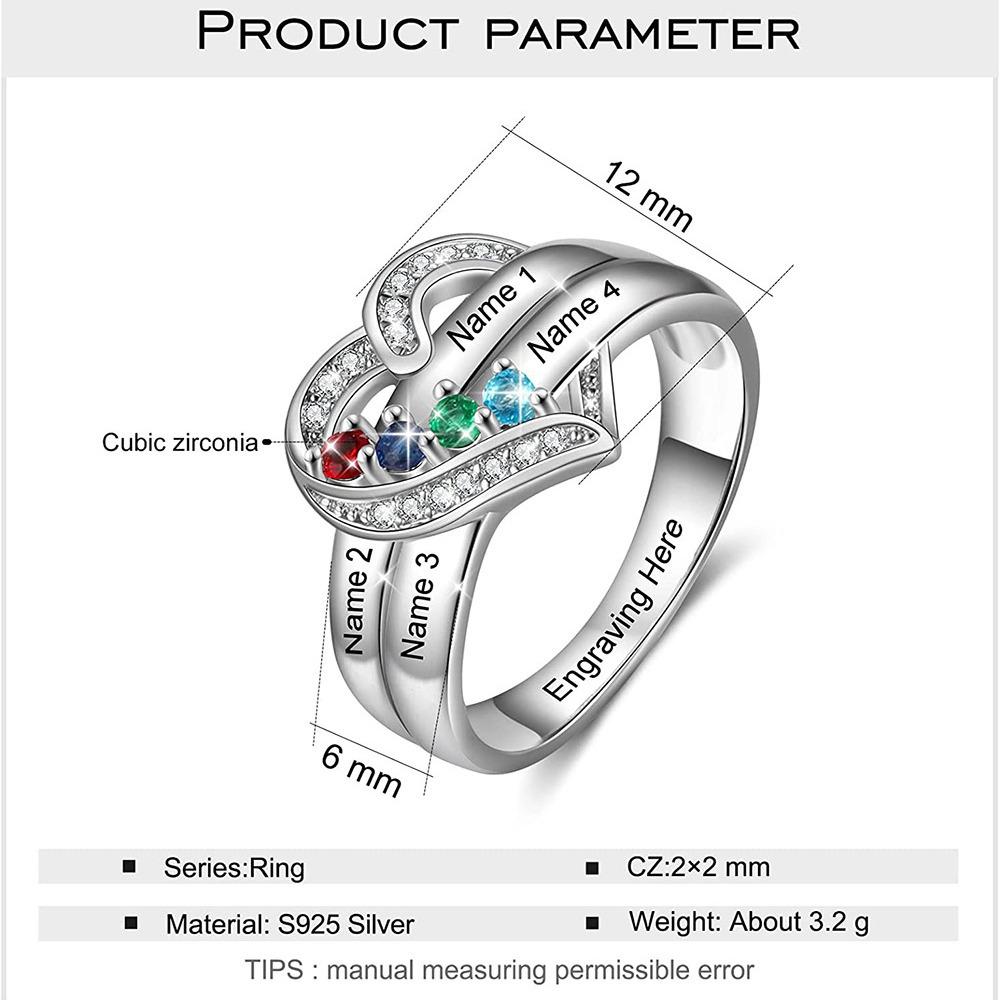 Prsten Srdce s 12 Barvami Rodných Kamenů a Gravírovanými Jmény Rodiny - Perfektní pro Den matek a Vánoce