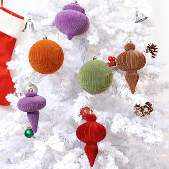 4Pcs Velvet Christmas Ball Ornaments Plastic Flocked Decor with Metal Hangers Holiday Home Decorations for Tree Mantel