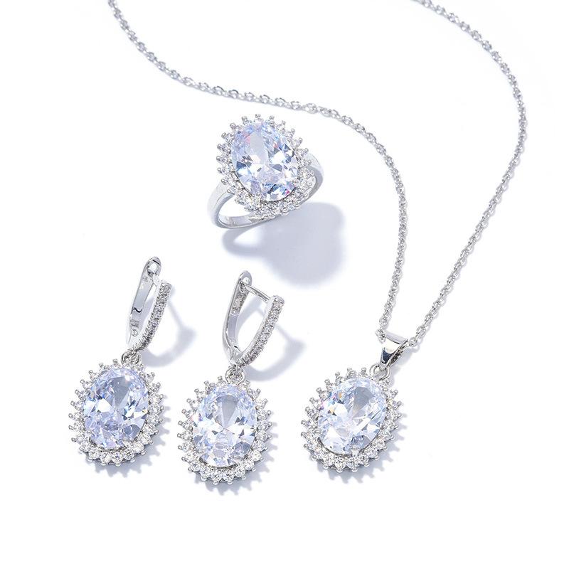 

Комплект из взрывоопасных овальных цирконов, супер-флэш-кольцо, серьги, ожерелье, комплект ювелирных изделий Size 7 Ring белый