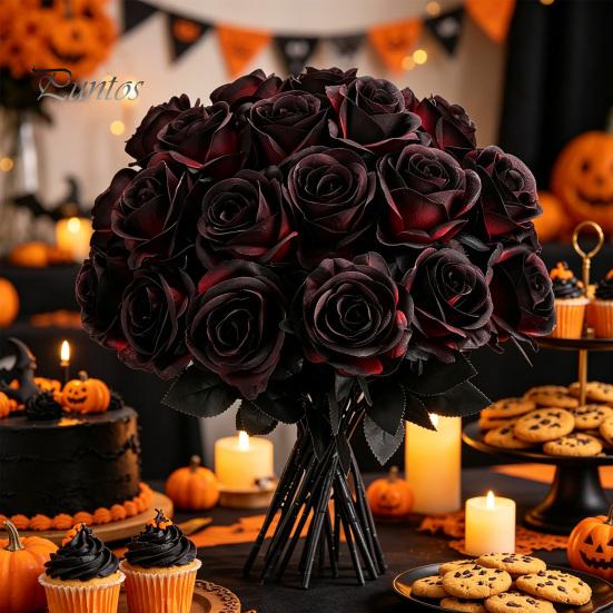 Decorative Black Rose Stems Realistic Silk Roses with Long for Wedding Centerpieces, Halloween Home Decor, Artificial Faux Floral Arrangements