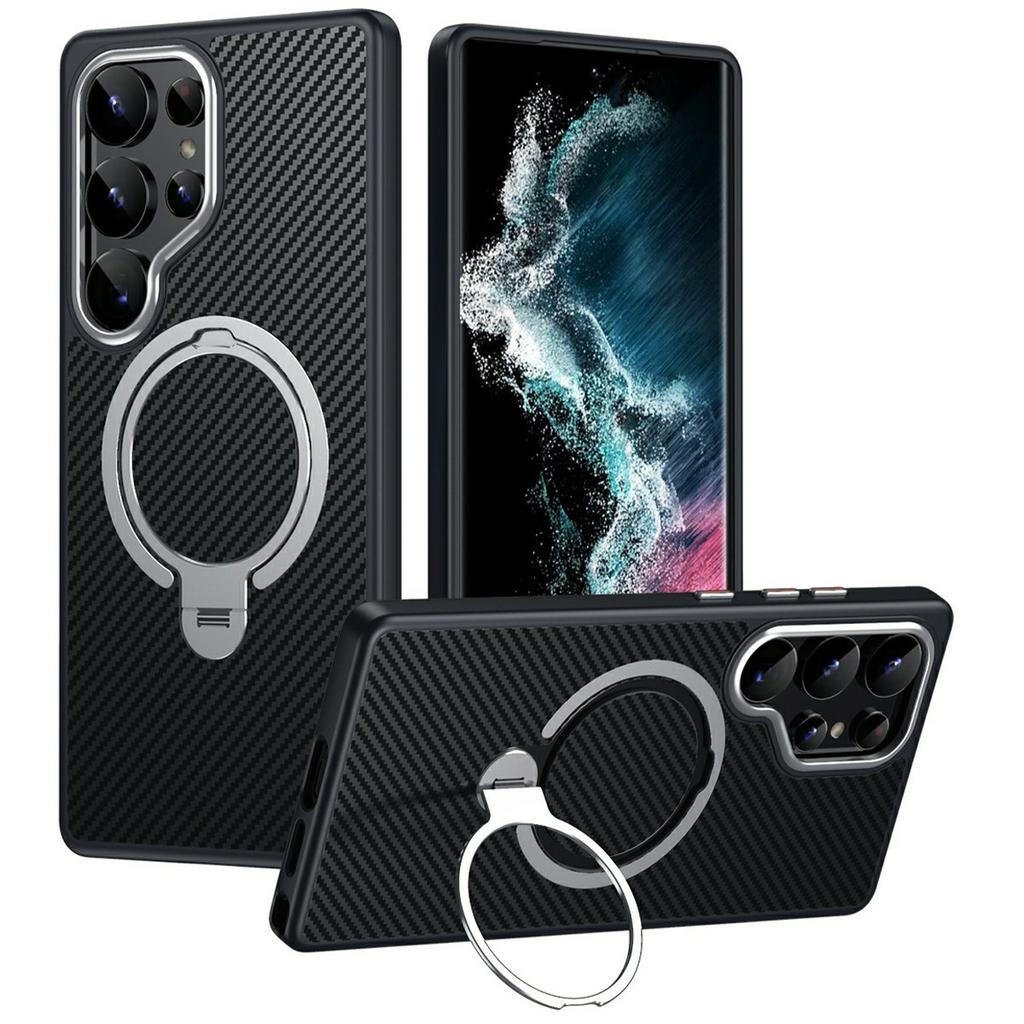 For Samsung Galaxy S25 Ultra Magnetic Case PC+TPU Phone Cover Ring Holder Carbon Fiber Texture
