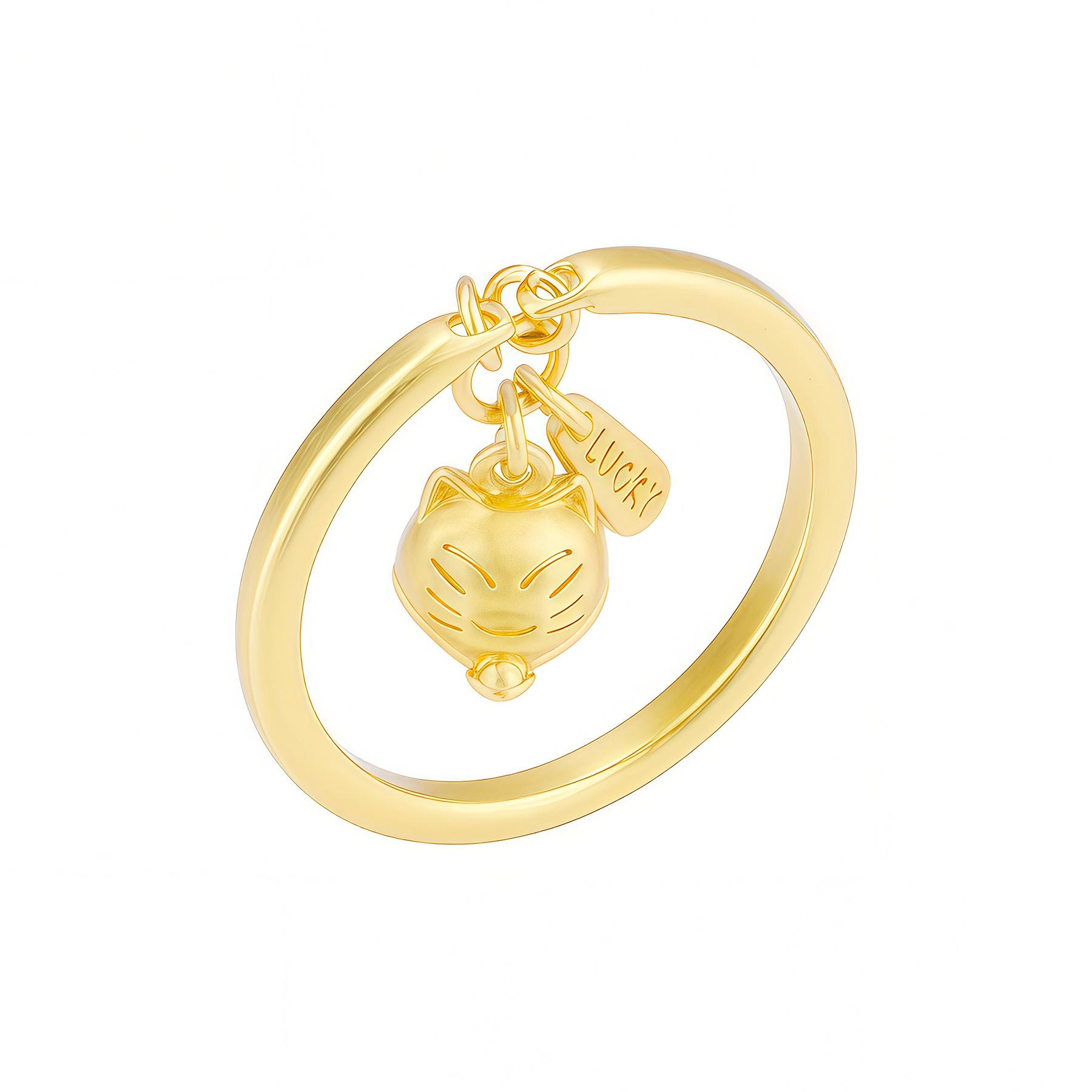 

Charming Gold Lucky Cat Pendant Ring - Women s Unique Chinese Design Size 9