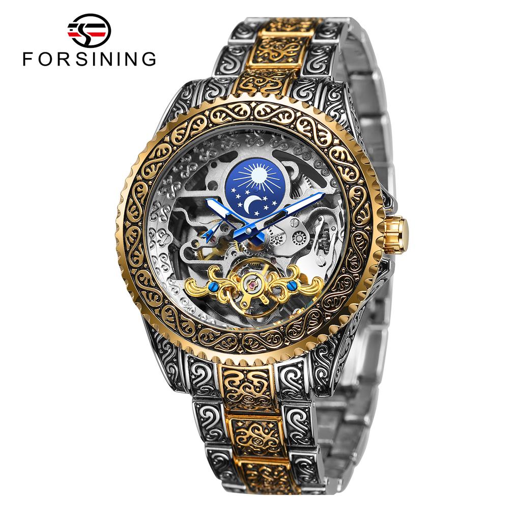 Forsining 378A Skeleton Vintage Style Men's Automatic Mechanical Watch Engraved Case & Band Life Waterproof Business Elegant