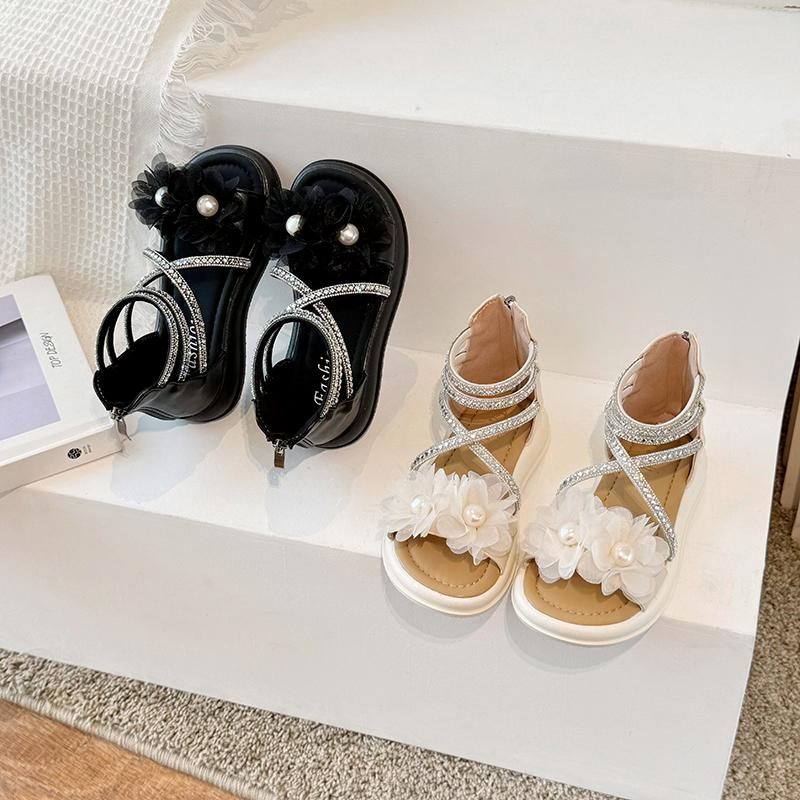 Girls' Fashion Flower High Top Sandals Summer Soft Bottom Medium Large Children's Water Diamond Pearl Princess Shoes