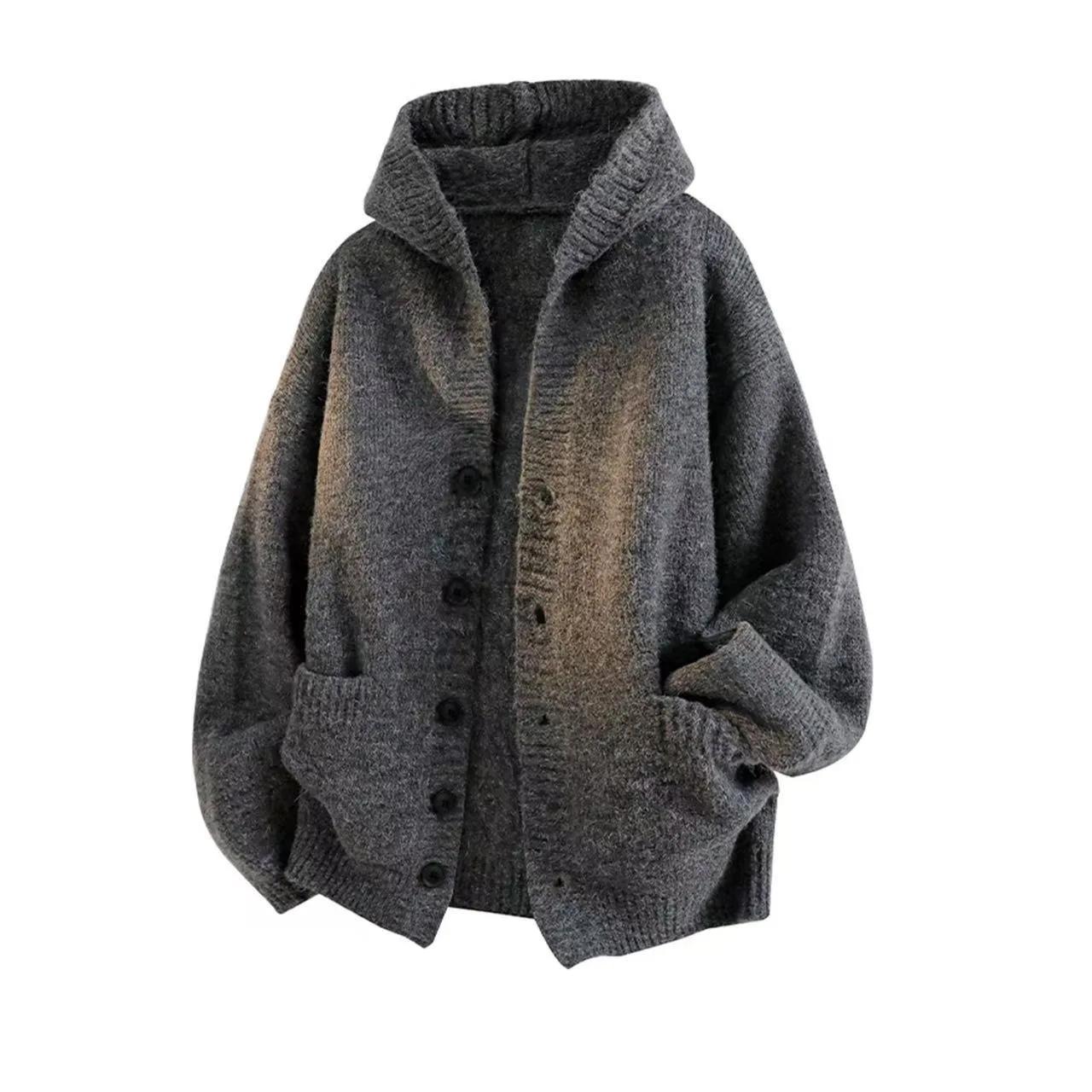 2025 Man Vintage Hooded Cardigan Men Fashion Oversize Loose Knitted Hoodies Autumn Winter Male Casual Sweater Buttons Jackets XL 3136₽