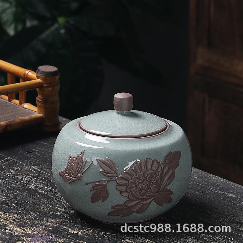Ceramics Ge kiln Song porcelain tea jar, large sealed storage jar, vintage relief tea packaging jar, gift ice crack glaze