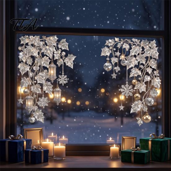 Holiday Glass Decals 2Pcs Christmas Window Clings, Static Sticker, Decal with Snowflakes Lantern Winter Wonderland Decor and Balls Patterns, Removable