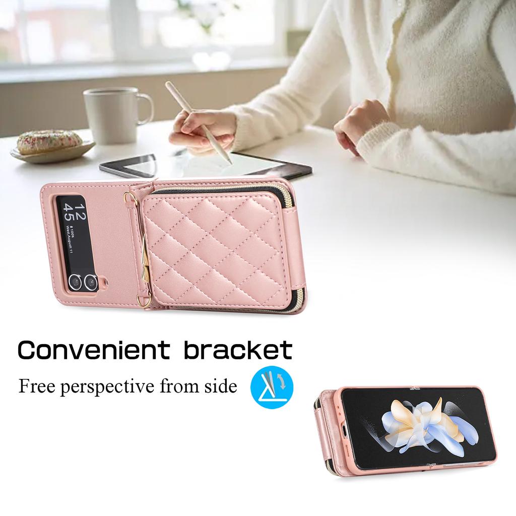 Crossbody Card Holder Wallet Case for Samsung Galaxy Z Flip 7 FE 6 5 4 3 5G Flip6 Wrist Strap Zipper Vegan Leather Phone Cover