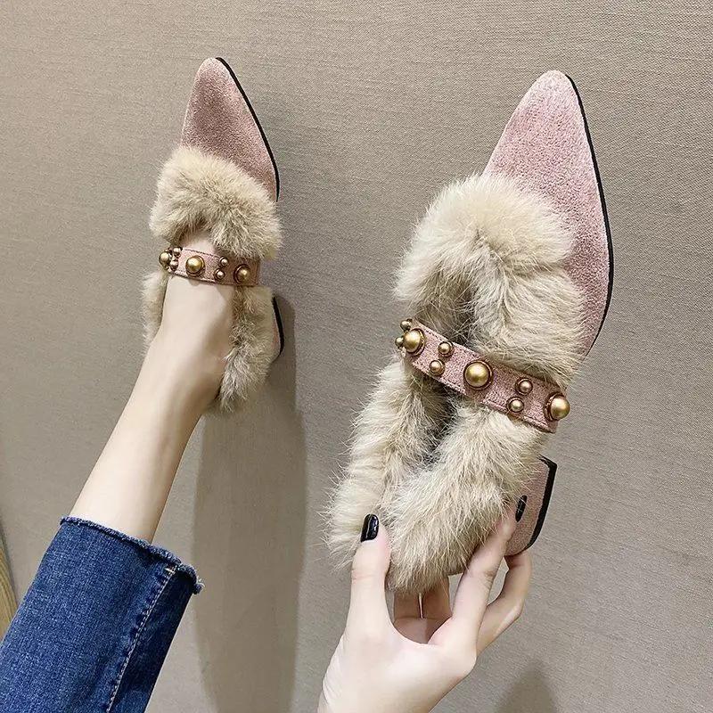 Fashion Trendy Fur Shoes Women's Autumn/winter Outerwear 2025 New Style Versatile Pointed Mid Heel Coarse Heel Shoe Hopping Bean Shoes