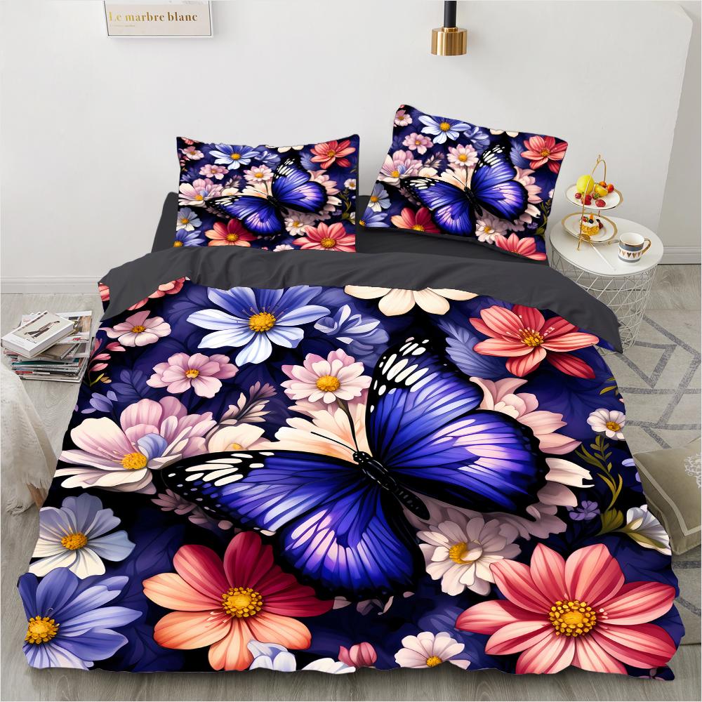 Padrão colorido retrô de borboleta com impressão 3D (conjunto de três peças) conjunto de cama de casal queen size fronha edredom