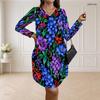 Women Plus Size V Neck Long Sleeve Floral Printed White Loose Curved Hem Dress