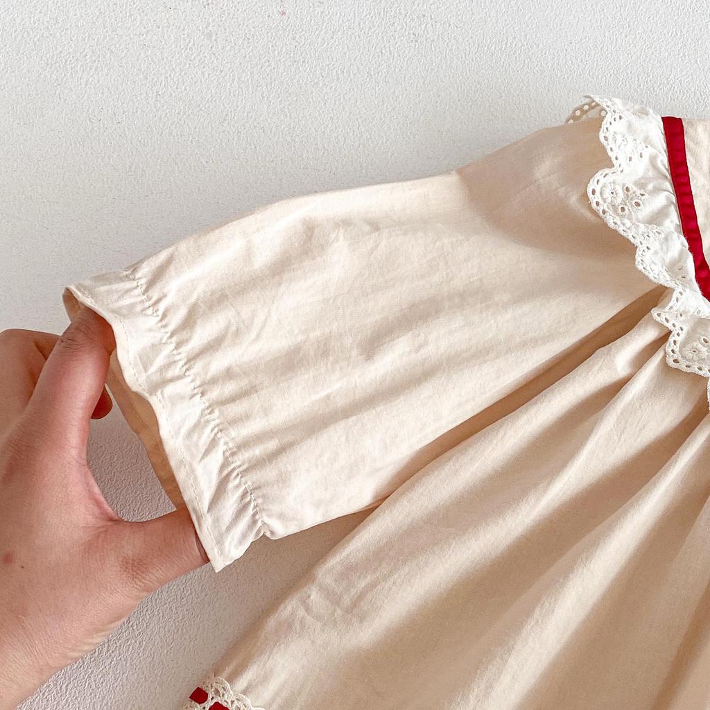 Dívčí volánkové šaty v korejském stylu, jaro 2026: Krajkový lem, Barevný blok, Dlouhý rukáv Sukně