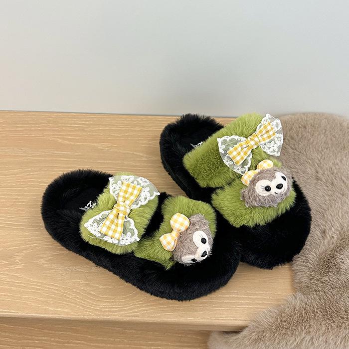 Cute Fluffy Slippers Women's Outer Wear 2025 New Home Indoor Non-slip Students Thick-bottomed Cotton Slippers
