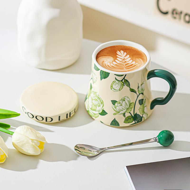 Lily of The Valley Ceramic Water Cup Home Office Large Capacity Coffee Cup Breakfast Cup with Lid Design Coffee Cup