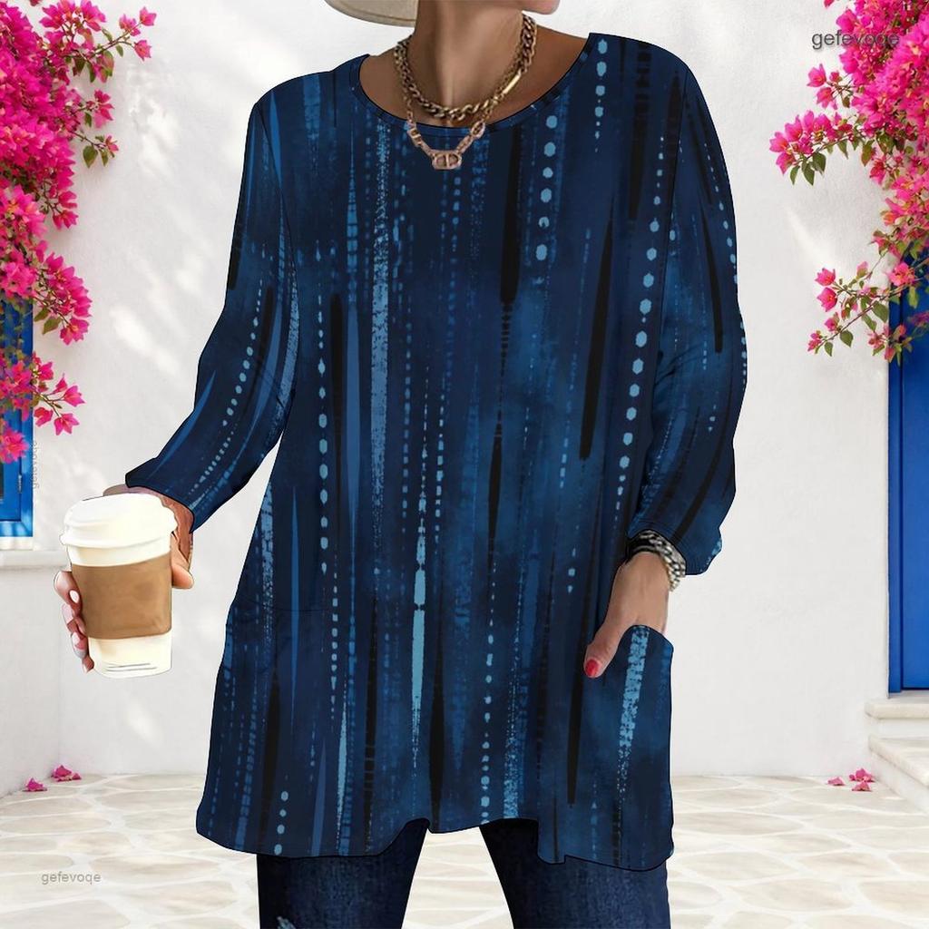Women Plus Size Beige Brown Yellow Tie Dye Printed Round Neck Long Sleeve Loose T Shirt With Pockets