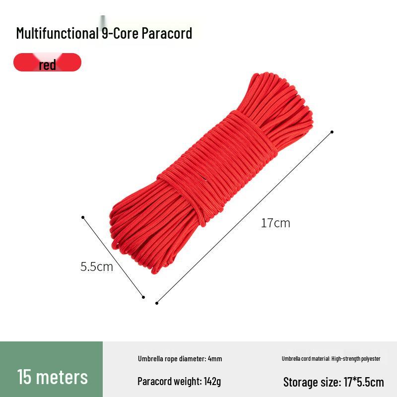 9-Core Outdoor Nylon Paracord 15M Survival Rope for Camping & Tarp, 4mm Thick