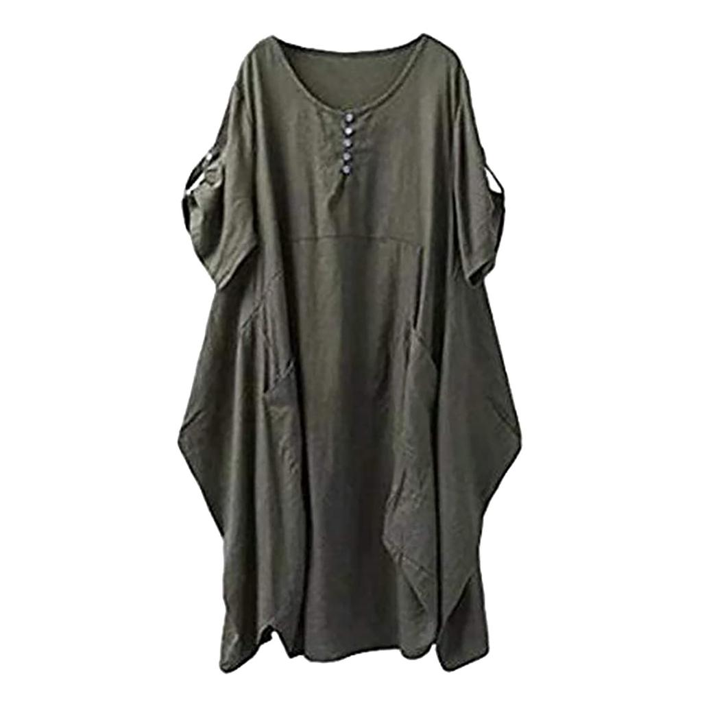 Women's Fat MM Linen Plus Size Lantern Skirt Round Neck Waist Dress