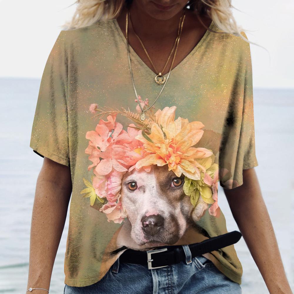 Summer V-neck 3D Dog Printed Top Fashionable Casual Short Sleeved Women's T-shirts