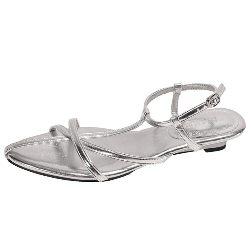 Pointed thin strap Roman shoes fashion French silver cross strap sandals 2025 summer new open-toed women's outer wear