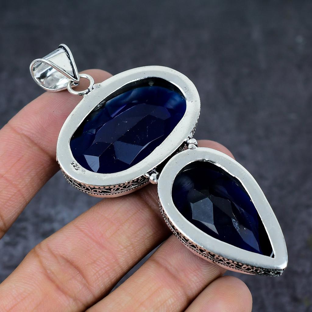 London Blue Topaz Handmade 925 Sterling Silver Jewelry Pendant 3.35" C5Q85