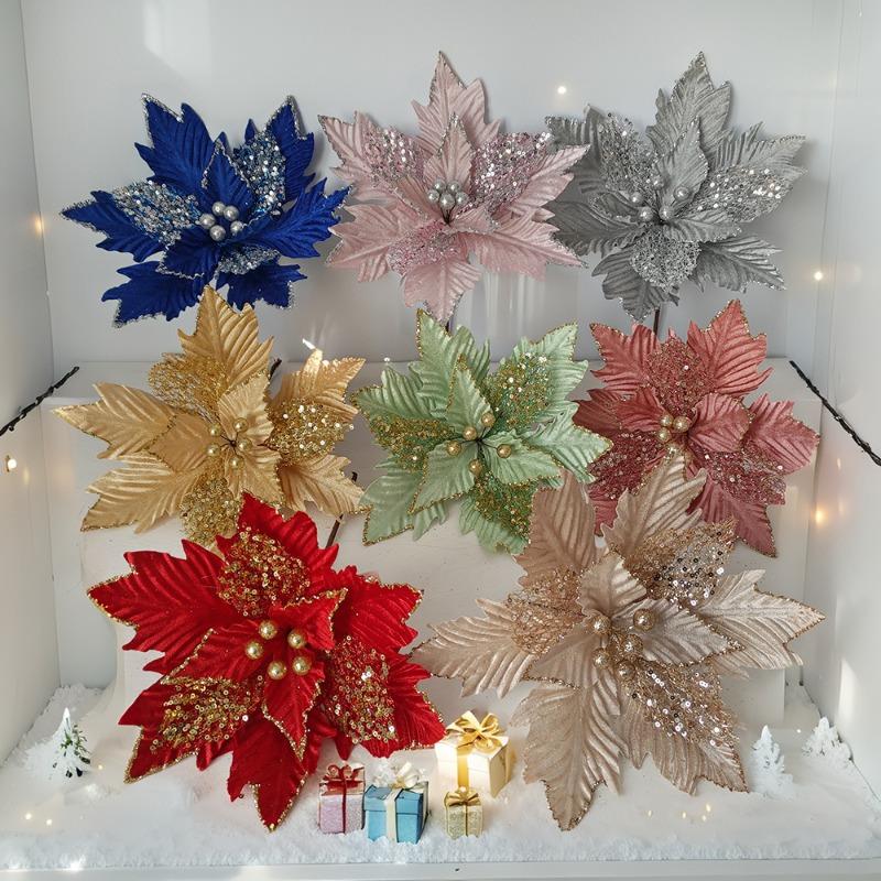 Gold Dust Christmas Decoration, Christmas Flowers Christmas Tree Flocking Cloth Decorative Flower Cuttings Double Sequins Simulated Flowers
