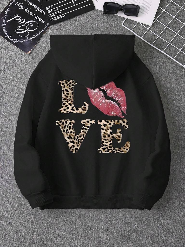 Bluza z kapturem z nadrukiem serca i ust Kobiety Luźna Moda High Street Vintage Casual Unisex Długi rękaw Bluzy Oversize Top