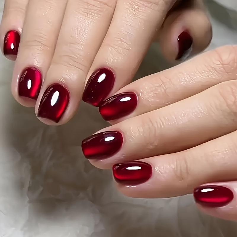Red Cherry Mirror Cat Eye Reusable Glitter Nails – Perfect for New Year & Valentine s Day.
