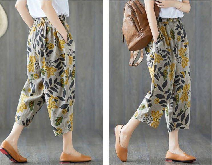 2023 Women's Cotton Linen Slimming Printed Harem Pants - Versatile, High-Quality Cropped Design