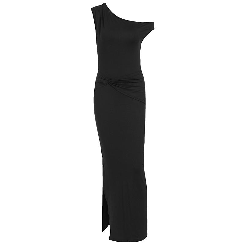 European and American Style Women's Clothing New Summer Simple and Elegant Slanted Shoulder Tight Mid-waist Pleated Split Dress