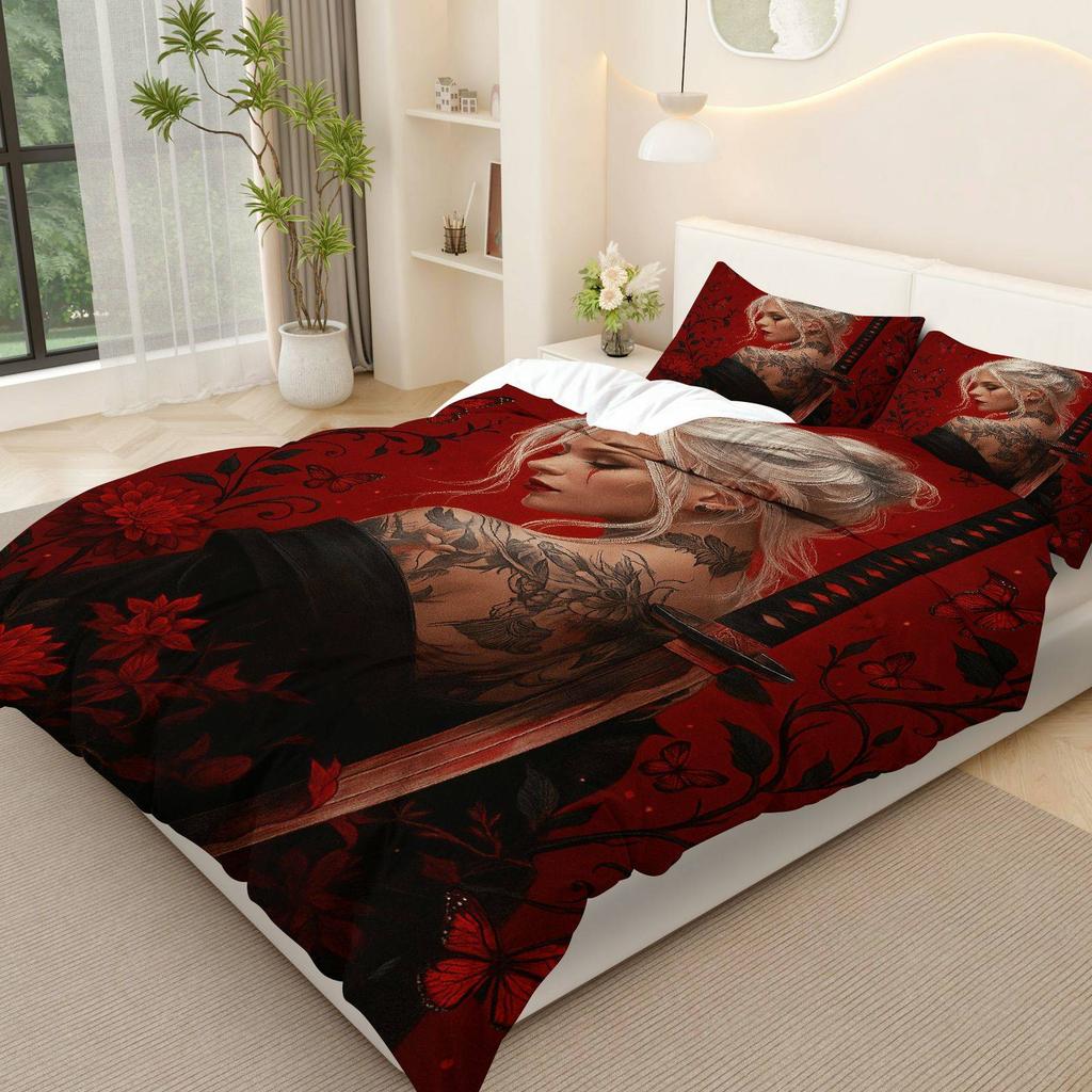 Customize 3pcs Duvet Cover Set, 1 Duvet+2 Pillowcases( Without Filler), Samurai Blossoms Red Tattoo Butterfly Theme, Halloween B