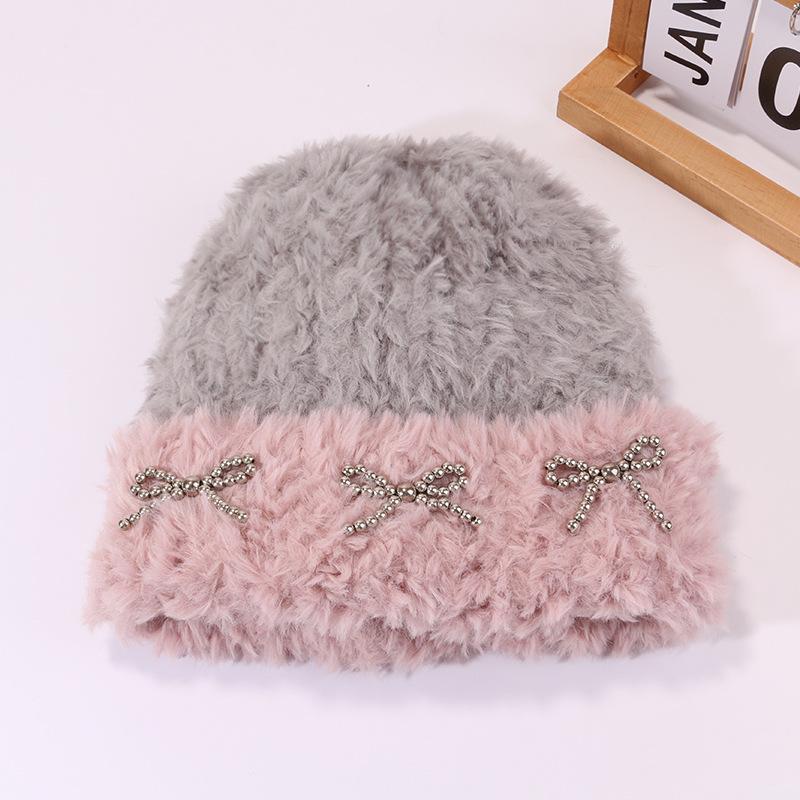 Autumn and Winter Warm Plush Hat for Women with Bow Knitted Hat Outdoor Cold Color Proof Pullover Hat Ear Protection Korean Cold Hat