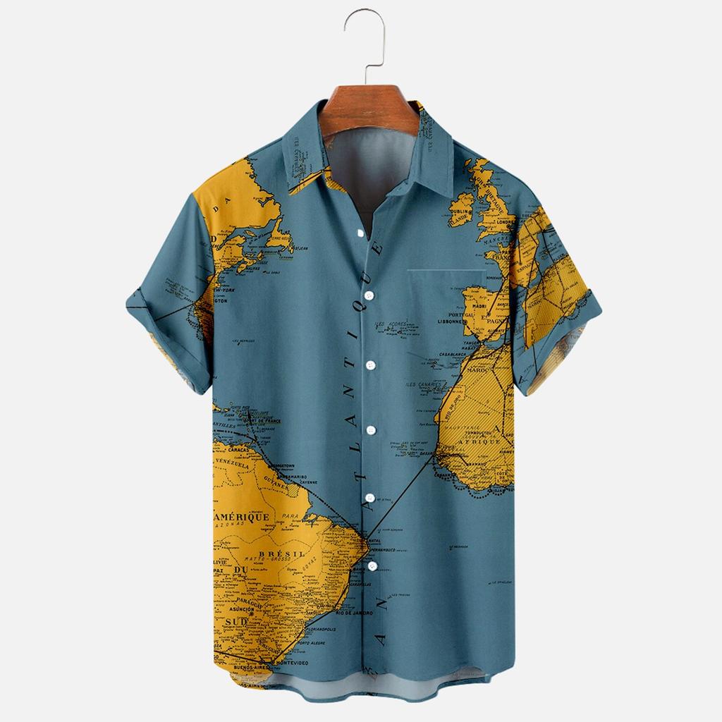 Breathable Quick Dry Short Sleeve Button Tops For Men, All Over Global Geographic Texture Relax Fit Vacation Travel Blouse