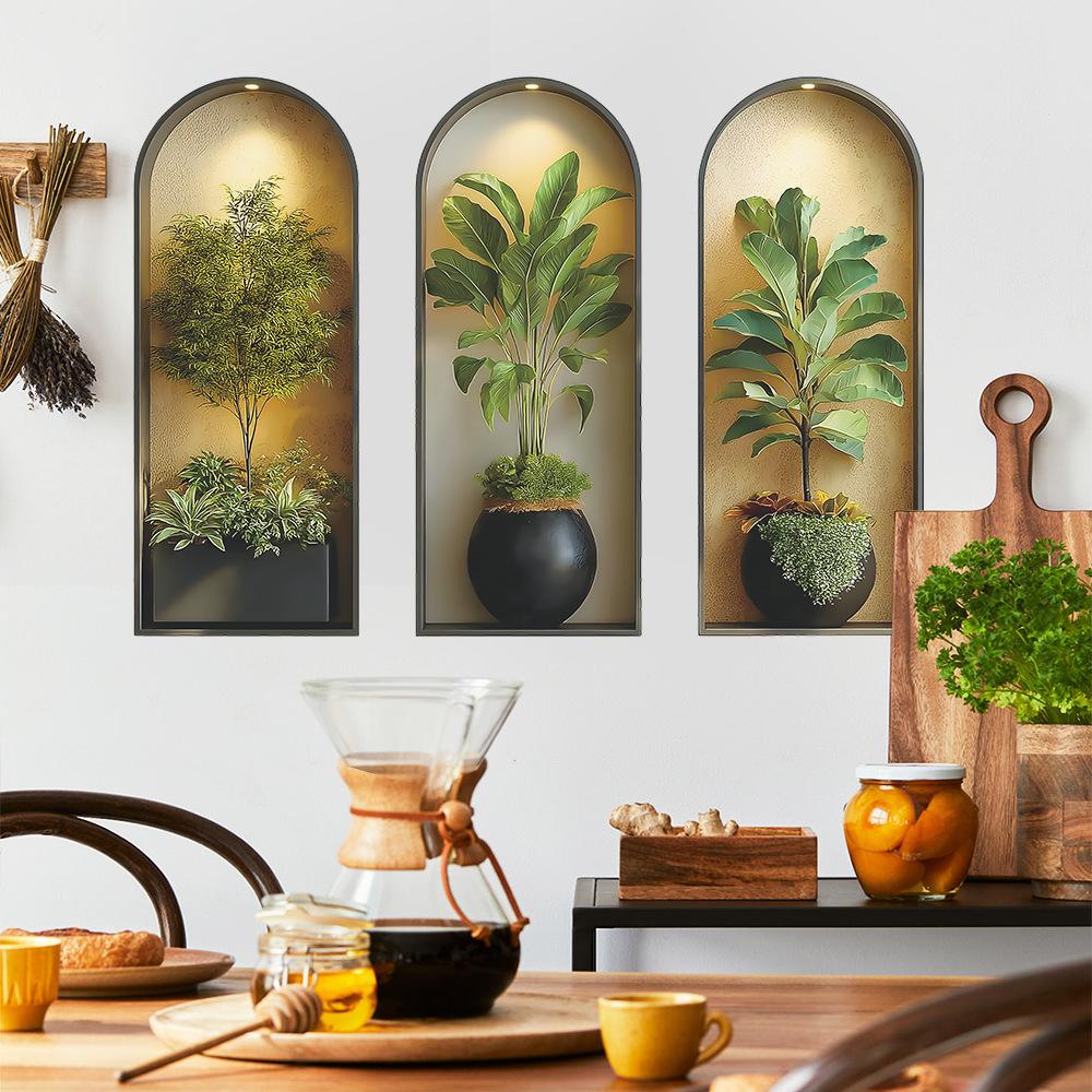 Grüne Pflanze Topfpflanzen, Schrank Dreiteiliges Gemälde, Wohnzimmer- und Arbeitszimmerdekoration und Verschönerung Wandaufkleber