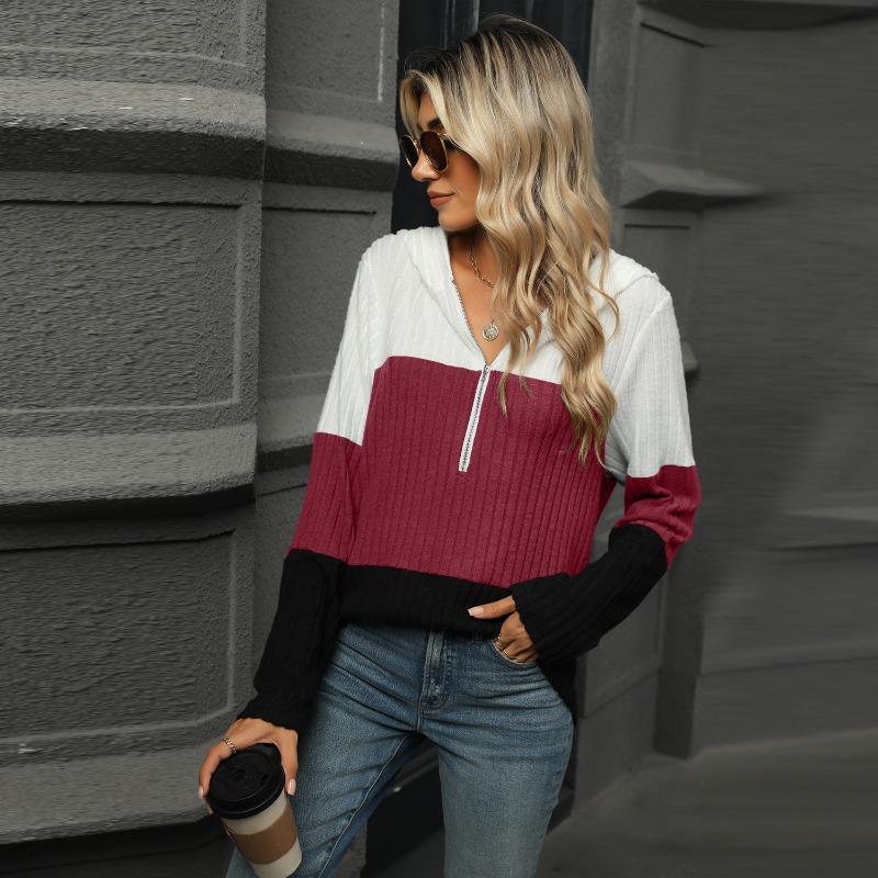 New Loose Color Splicing Zipper Hooded Long Sleeved Blouse Autumn and Winter Top Women Casual Simple Fashion Elegant Office Women's Clothing