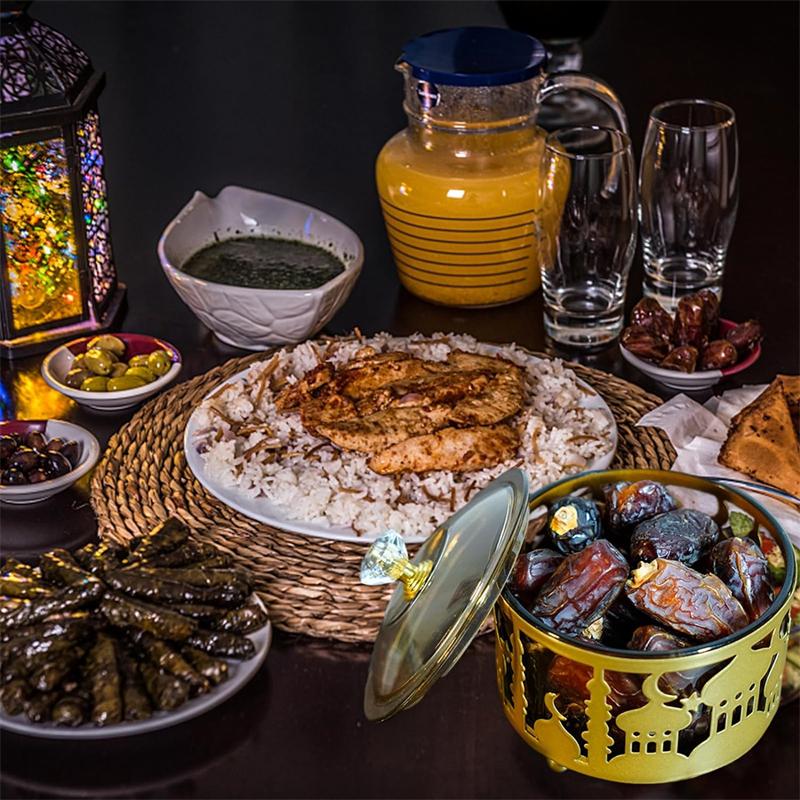 Eid Mubarak Serving Platters with Lid, Metal Ramadan Dessert Tray Food Storage Box Jar Container Table Decoration for Cookies Candy