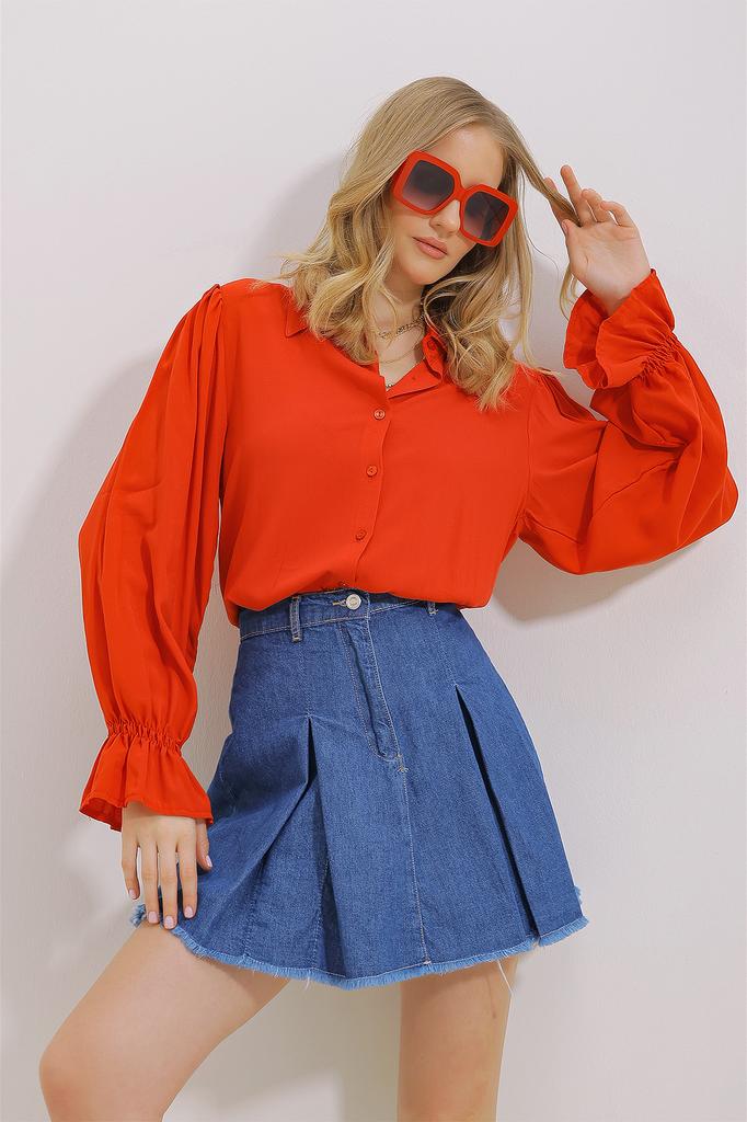 Women's Shirt New Season Fashion Green Sleeves Flounce Viscose Woven Shirt